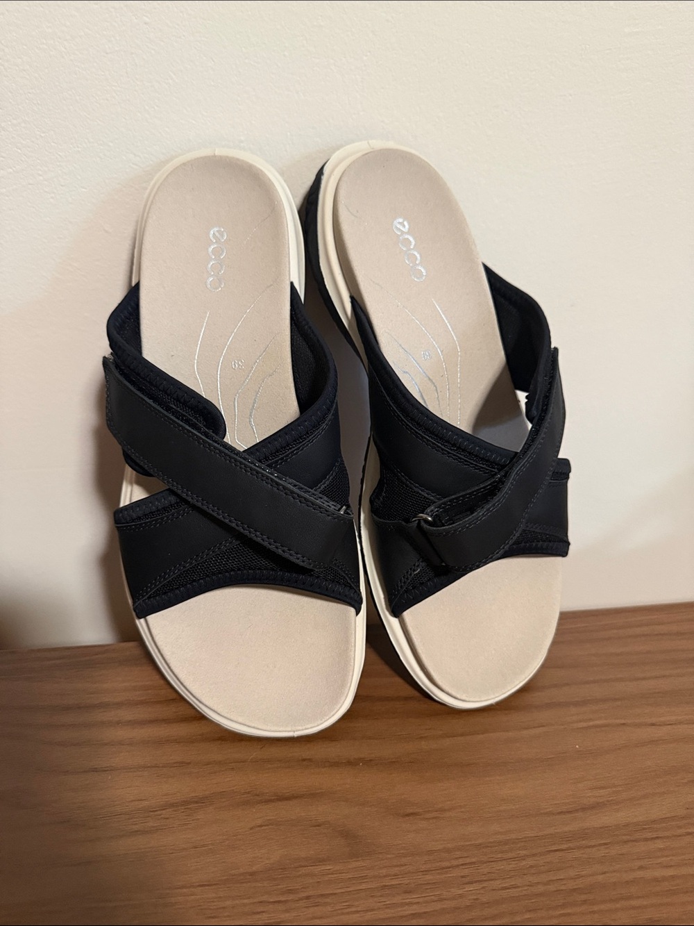 Ecco Black and Cream Cross-Strap Slide Sandal
